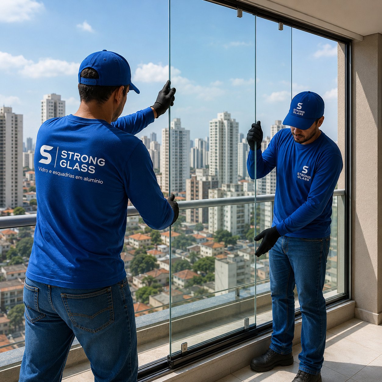 Equipe Strong Glass instalando envidraçamento de sacada em São Paulo
